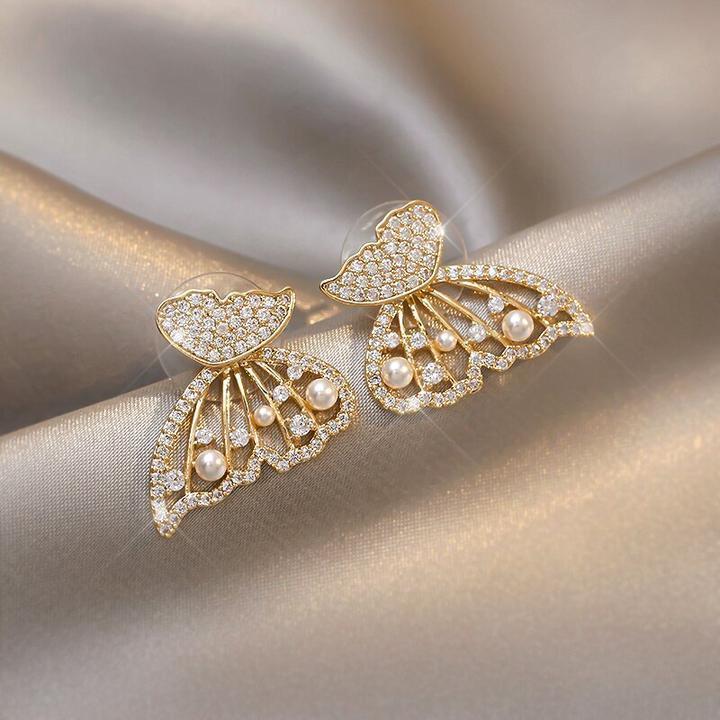 CrystalGoddess Diamond-studded Pearl Butterfly Earrings Exquisite Fashion Earrings 1 Pair